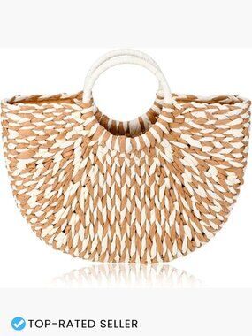 Straw Tote Bag Summer Beach Handmade Rattan Woven Round Drawstring Travel